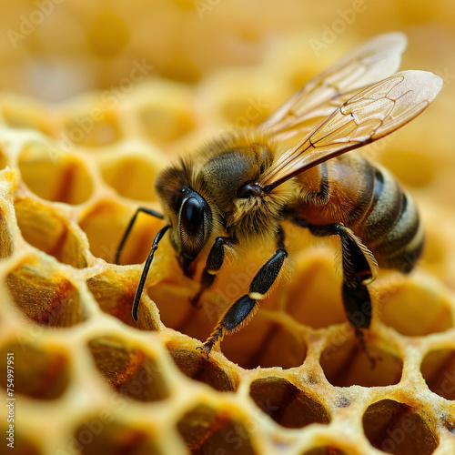 Close-up of queen bee on honeycomb. Nature's pollinator. AI generative. © น้ำฝน สามารถ