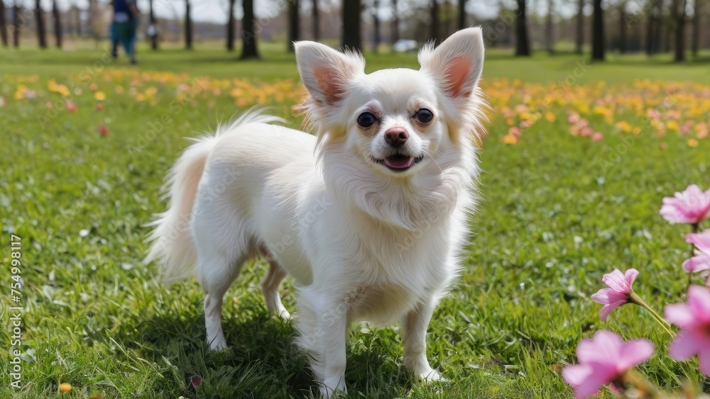 White long coat chihuahua dog in flower field