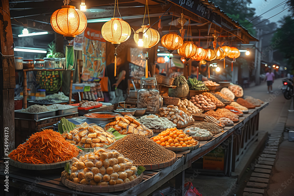 An ambient street food market at night showcasing a variety of local dishes, with illuminated lanterns and a bustling atmosphere