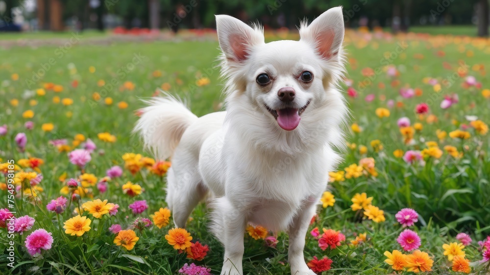 White long coat chihuahua dog in flower field