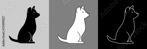 3 versions de pictogrammes d’un chien de profil et assis - en silhouette noire détouré, en silhouette blanche au contours noirs et en contour blanc sans fond. photo