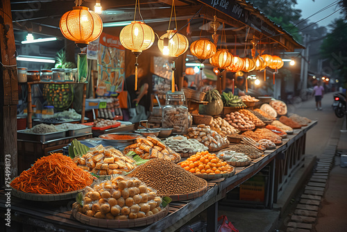 An ambient street food market at night showcasing a variety of local dishes  with illuminated lanterns and a bustling atmosphere