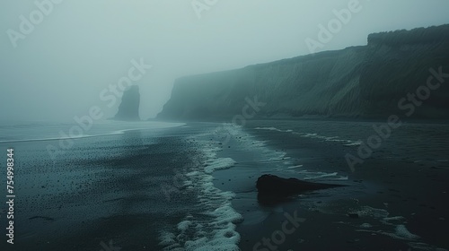 a foggy day at the beach with a rock formation in the foreground and a body of water in the foreground. photo