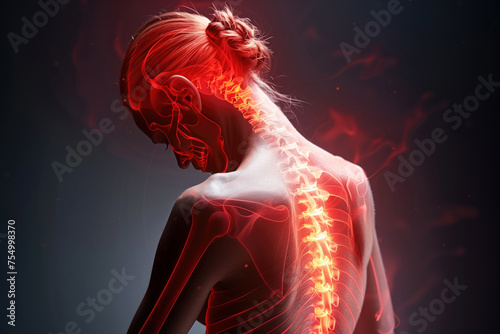 Hernia of the cervical spine, neck pain, woman suffering from backache, spondylosis of the intervertebral disc, health problems concept