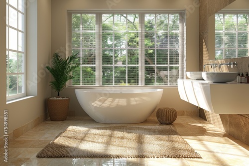 Modern design of a bright bathroom with a large panoramic window