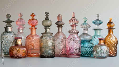 An elegant assortment of intricately designed vintage perfume bottles in various shapes, sizes, and pastel colors displayed on a light background. photo