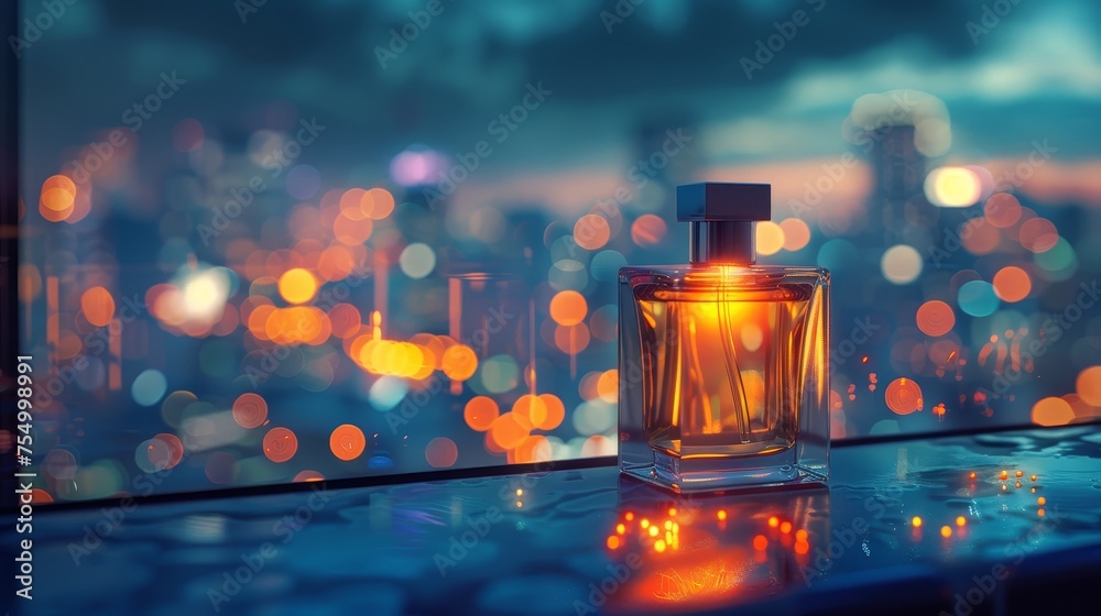 A modern perfume bottle gleams with the reflections of a city's night lights, creating a symphony of colors on a glossy surface. - obrazy, fototapety, plakaty 