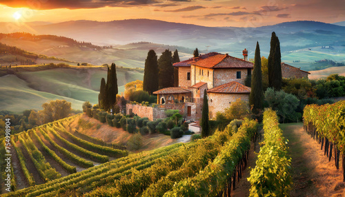 A beautiful tuscan villa with a wine farm at sunset
