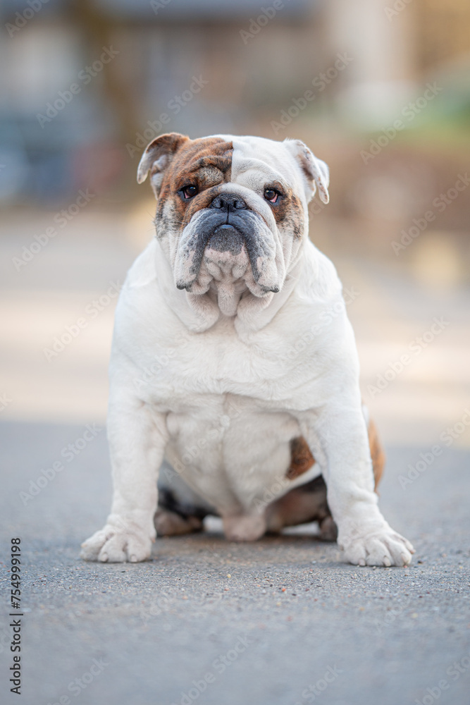 Beautiful brindle English Bulldog outdoor stands at full height on the asphalt, blurred background. Close up pet portrait in high quality.