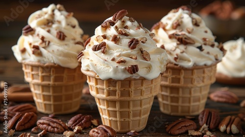 three ice cream cones topped with whipped cream and pecans on a wooden table with pecans scattered around them. photo