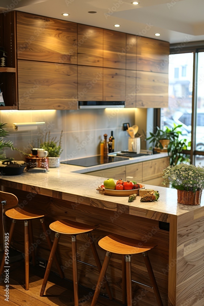 Smart minimalist kitchen design with island, white wood combination
