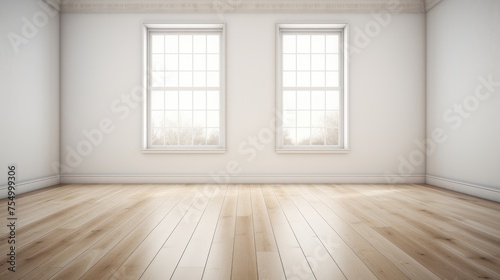 Tranquil Respite  Empty Room with Expansive Windows and Wooden Floor