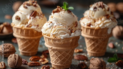 three cones of ice cream with pecans and pecans on the side of the cones are topped with whipped cream and pecans. photo