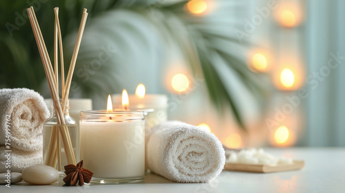 Beauty treatment items for spa procedures, aromatic candles essential oils and towel. Zen atmosphere with copy space for text or logo