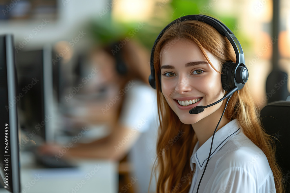 Smiling and attractive young woman working in a call center. Copy space for text or logo. Female customer support operator with headset. Smiling and attractive young woman working in a call center. Copy space for text or logo. Female customer support operator with headset.