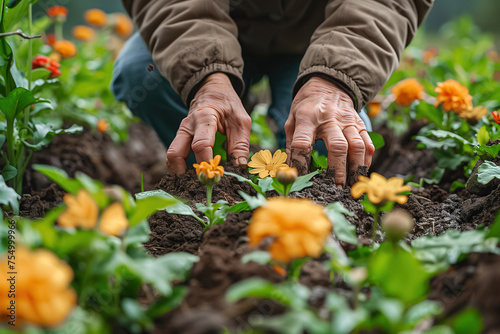Hands of a gardener are planting bright yellow flowers into the soil, symbolizing growth and nurturing