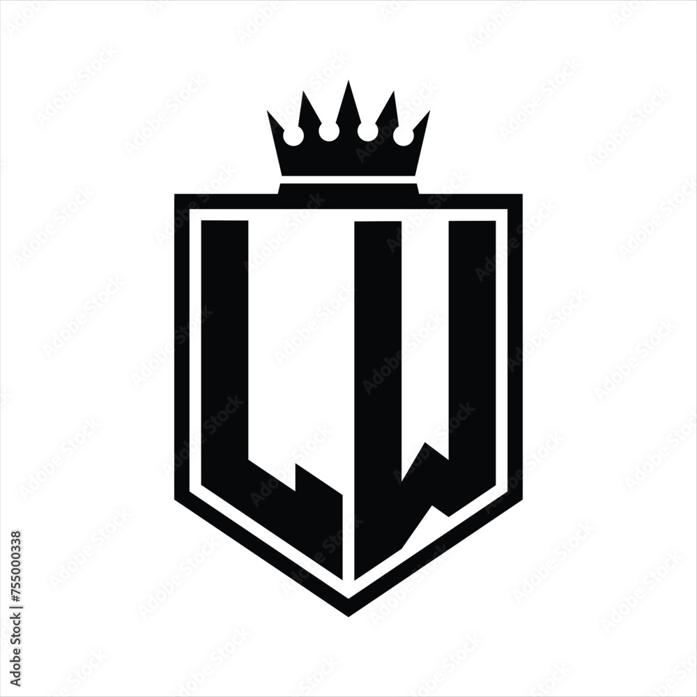 LW Logo monogram bold shield geometric shape with crown outline black ...