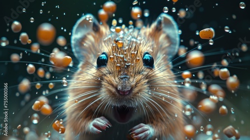 a close up of a mouse with drops of water on it's face and a background of orange balls.