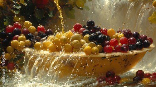 a bowl filled with lots of fruit sitting on top of a water fall next to a bunch of red, yellow, and black grapes. photo