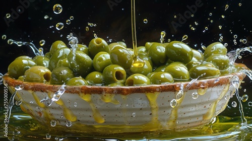 a white bowl filled with green olives on top of a green surface with water splashing around the bowl. photo