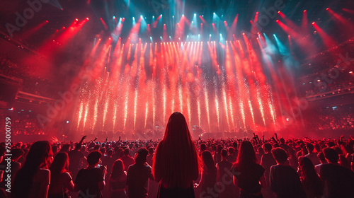 Young woman fan of concerts and music attending and enjoying a music event. Back view of a standing woman with copy space for text or logo. 