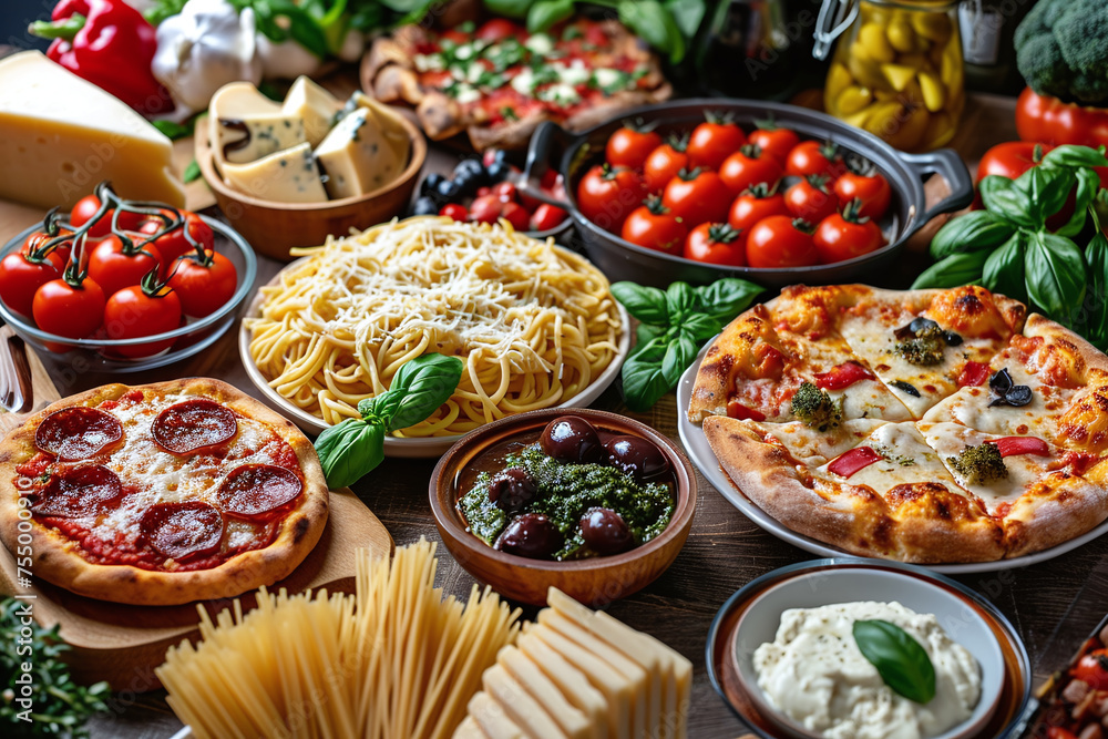 Variety of Italian food. Full table of Italian specialties pizza, pasta, different cheese, tomato, olives. Variety of Italian food. Full table of Italian specialties pizza, pasta, different cheese, tomato, olives.
