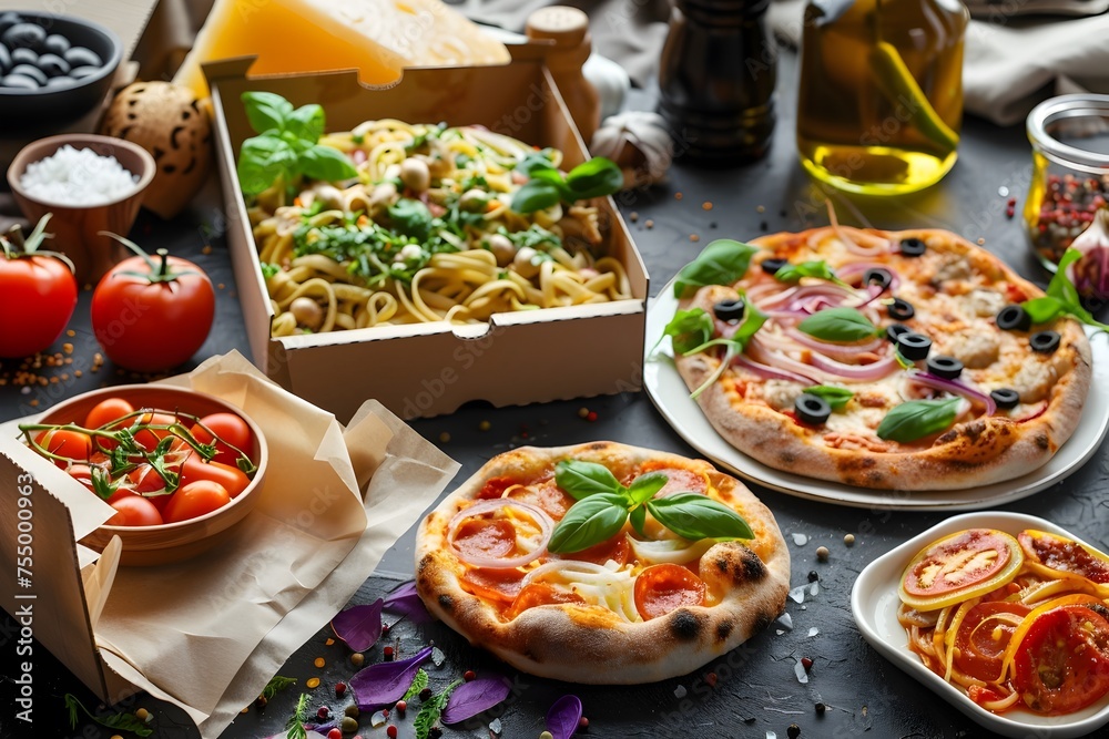 Delectable Italian Feast in Boxes Against a Dark Backdrop
