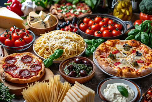 Variety of Italian food. Full table of Italian specialties pizza, pasta, different cheese, tomato, olives.   photo