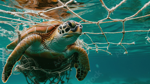 Turtle trapped in fishing net. Sea turtle entangled in a discarded fishing net.