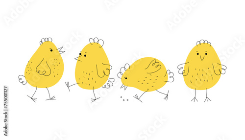 Cartoon funny chicks. Set yellow chickens. Hand drawn linear icons. Easter design. Animals, doodle style. Domestic bird. Vector illustration, isolated background	