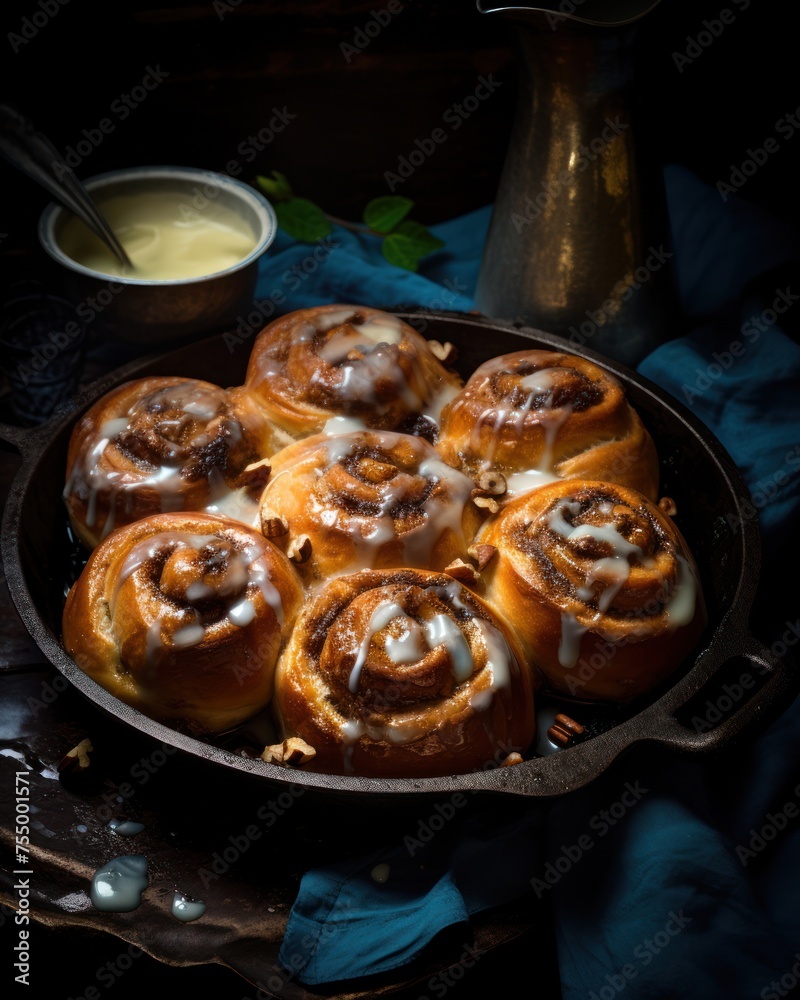 a pan filled with cinnamon buns next to a bowl of cream cheese and a cup of sauce on a table.