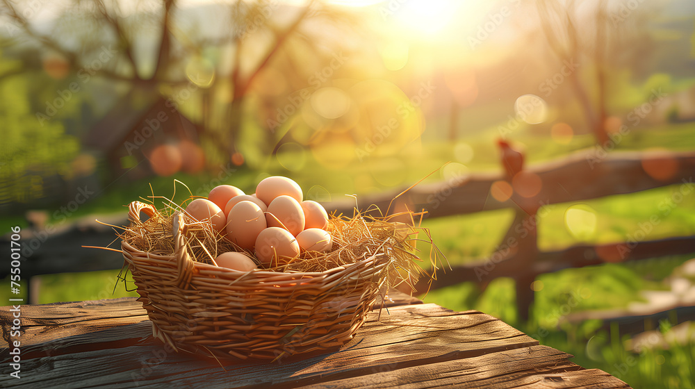A rustic basket full of fresh farm eggs sits on a wooden table during a serene sunrise in the countryside.
A rustic basket full of fresh farm eggs sits on a wooden table during a serene sunrise in the countryside.