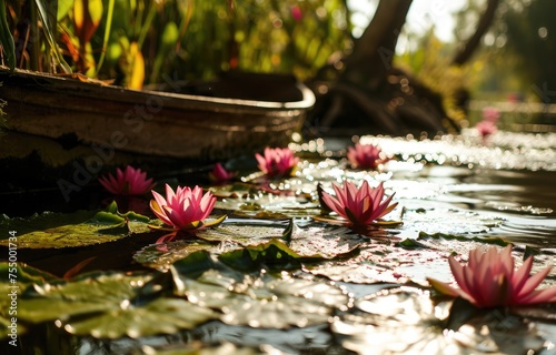 Boat, stream, water lotus, sunny days, photo