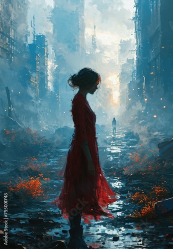 Woman in red dress standing in a dystopian cityscape with futuristic buildings and moody atmosphere.
