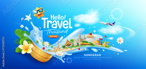 Songkran water festival travel thailand, flowers in a water bowl water splashing, Thailand tourism architecture, banner design on cloud and sky blue background, EPS 10 vector illustration
