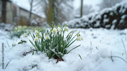 snowdrops at snowy back yard, blurred background, the harbinger of spring 
