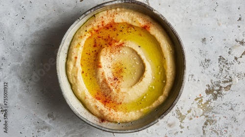 Smooth garleek hummus in a ceramic bowl, topped with olive oil and paprika, on a mottled grey surface for a rustic appeal. A fusion of garlic and leek creates a delightful dip.