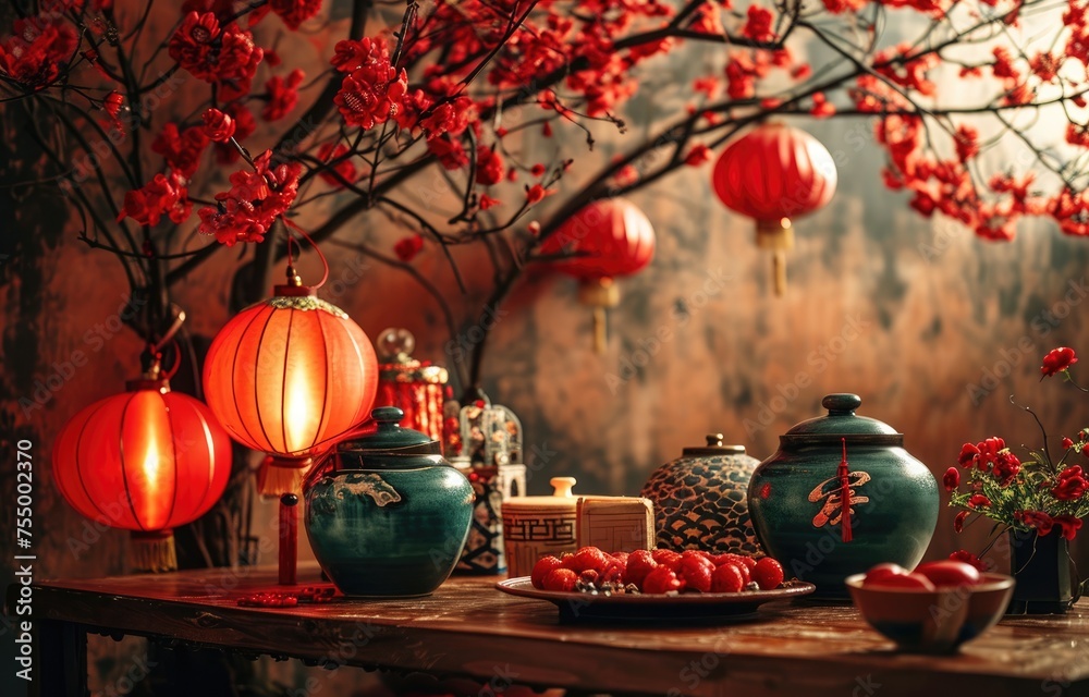 Chinese New Year Celebration backdrop with traditional. Chinese New Year decorations, lanterns, and symbols of prosperity Chinese New Year Celebration backdrop with traditional. Chinese New Year decorations, lanterns, and symbols of prosperity