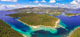 Sivota - stunning aerial drone video of turquoise sea known as Blue Lagoon and unique beach Bella Vraka. Epirus, Greece.