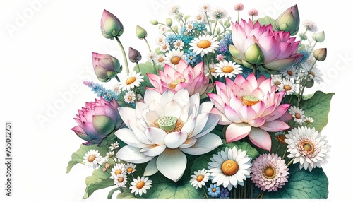 Watercolor illustration of Sacred Lotus and wildflower