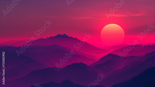 sun rising behind the mountains  red and pink color on the sky  peaceful background