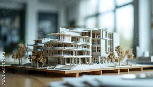 Architectural model of a contemporary residential building surrounded by trees in the background