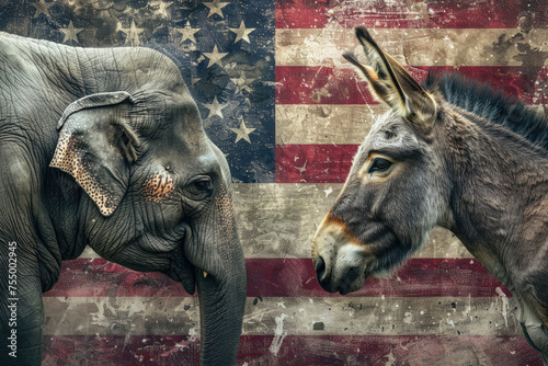 An elephant and donkey against an American flag. symbol of Republican and Democrat political party photo