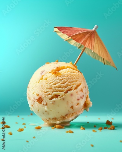 Vibrant scoop of peach ice cream garnished with cookie crumbles and a mini umbrella. Minimal summer refreshment concept.