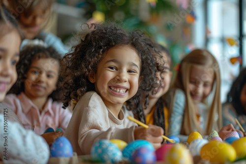 Focused child creatively decorating Easter eggs with colorful patterns at a home setting..
