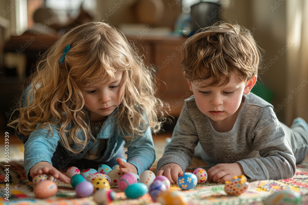 Naklejka premium Focused child creatively decorating Easter eggs with colorful patterns at a home setting..