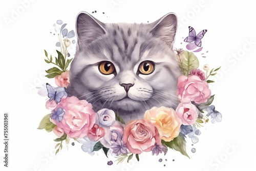 watercolor painting the portrait of British Shorthair cat,decorated with floral, isolated on clean white background