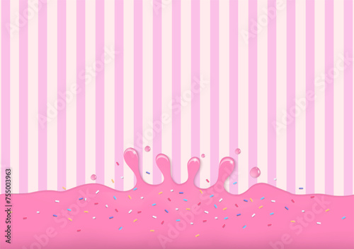 Pink liquid with sprinkles on striped background