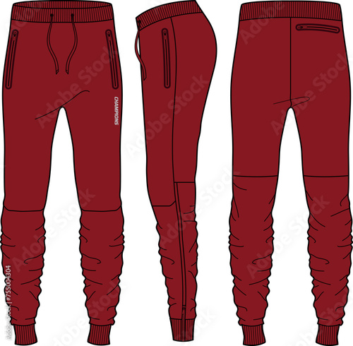 Jogger track bottom Pants design flat sketch vector illustration, Track pants concept with front, back and side view, Sweatpants for running, jogging, fitness, and active wear pants design.