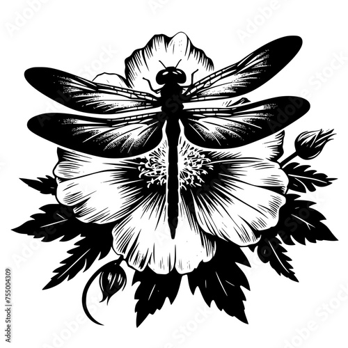 black and white flower with dragonfly